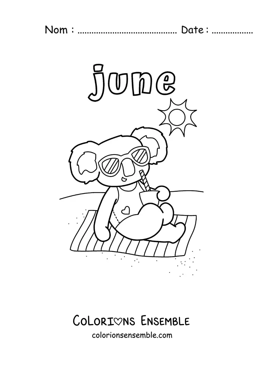 Image à colorier de « June » avec un koala animé en été