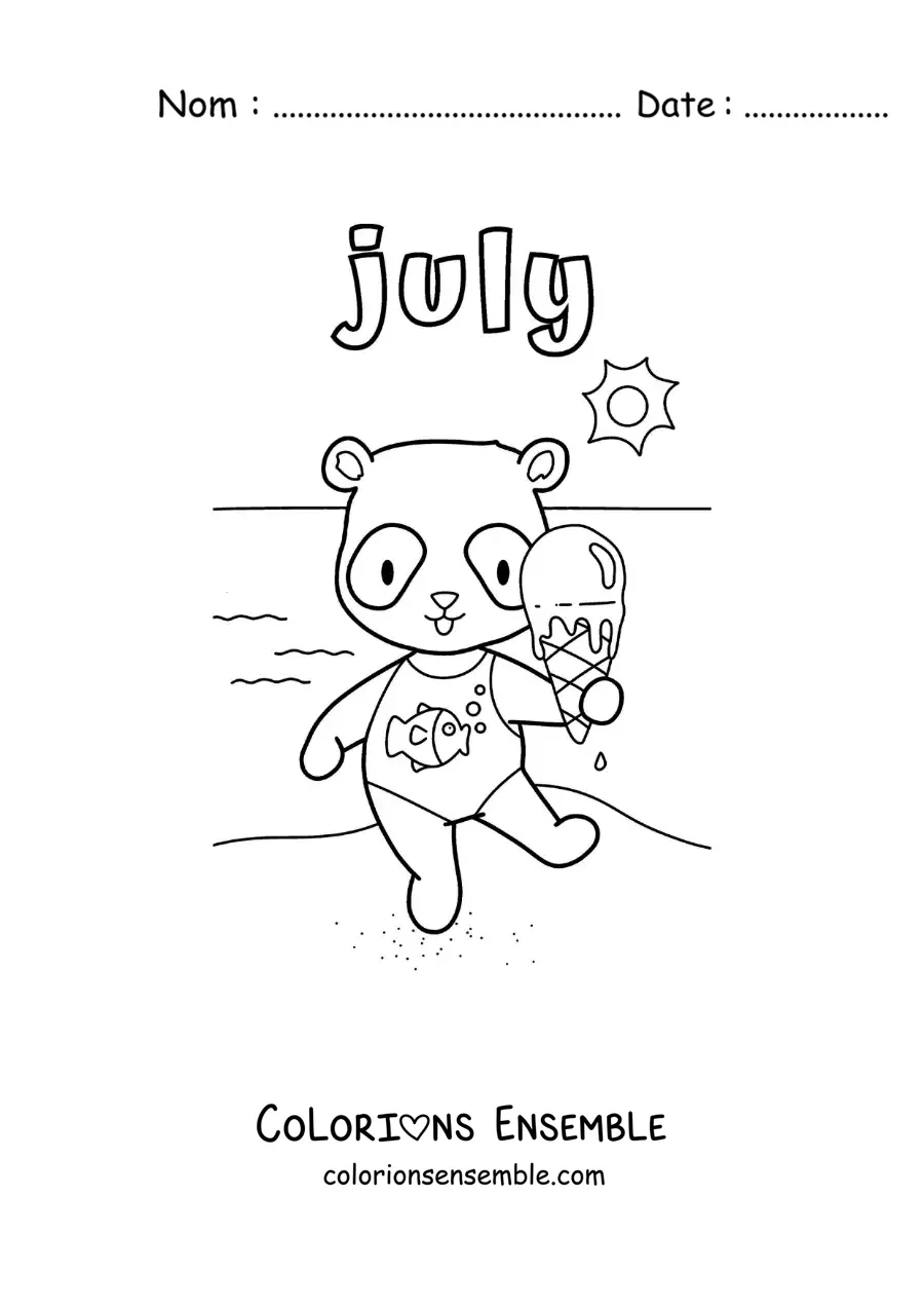 Image à colorier de « July » avec un panda animé à la plage en été