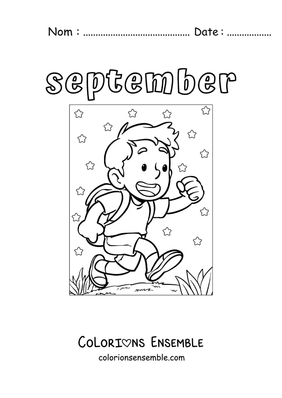 Image à colorier de « September » avec un enfant en route pour l’école