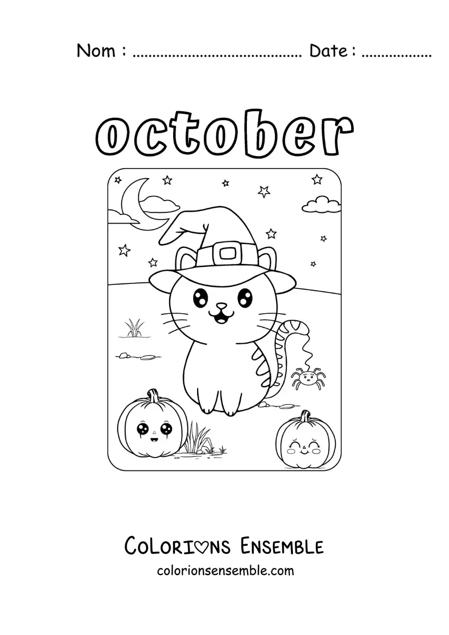 Image à colorier de « October » avec un chat animé pour Halloween