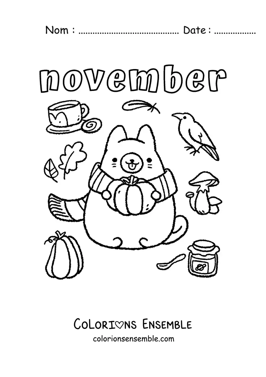 Image à colorier de « November » avec un chat animé en automne