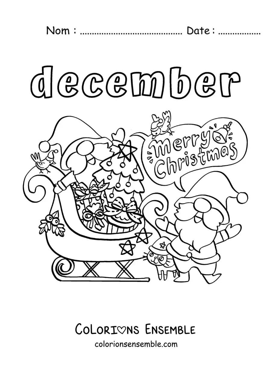 Image à colorier de « December » avec le Père Noël à Noël disant « Merry Christmas »