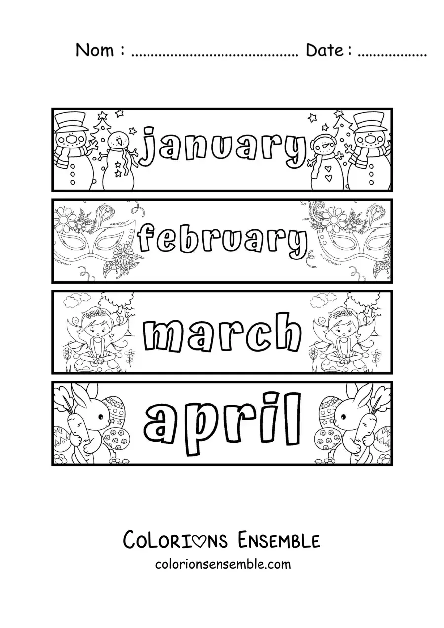 Image à colorier de fiches pour enfants avec les mois en anglais de janvier à avril