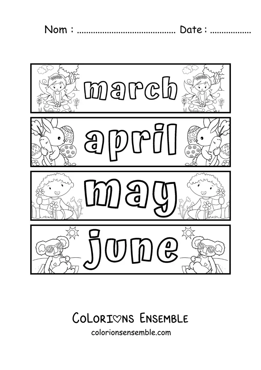 Image à colorier de fiches pour enfants avec les mois en anglais de mars à juin