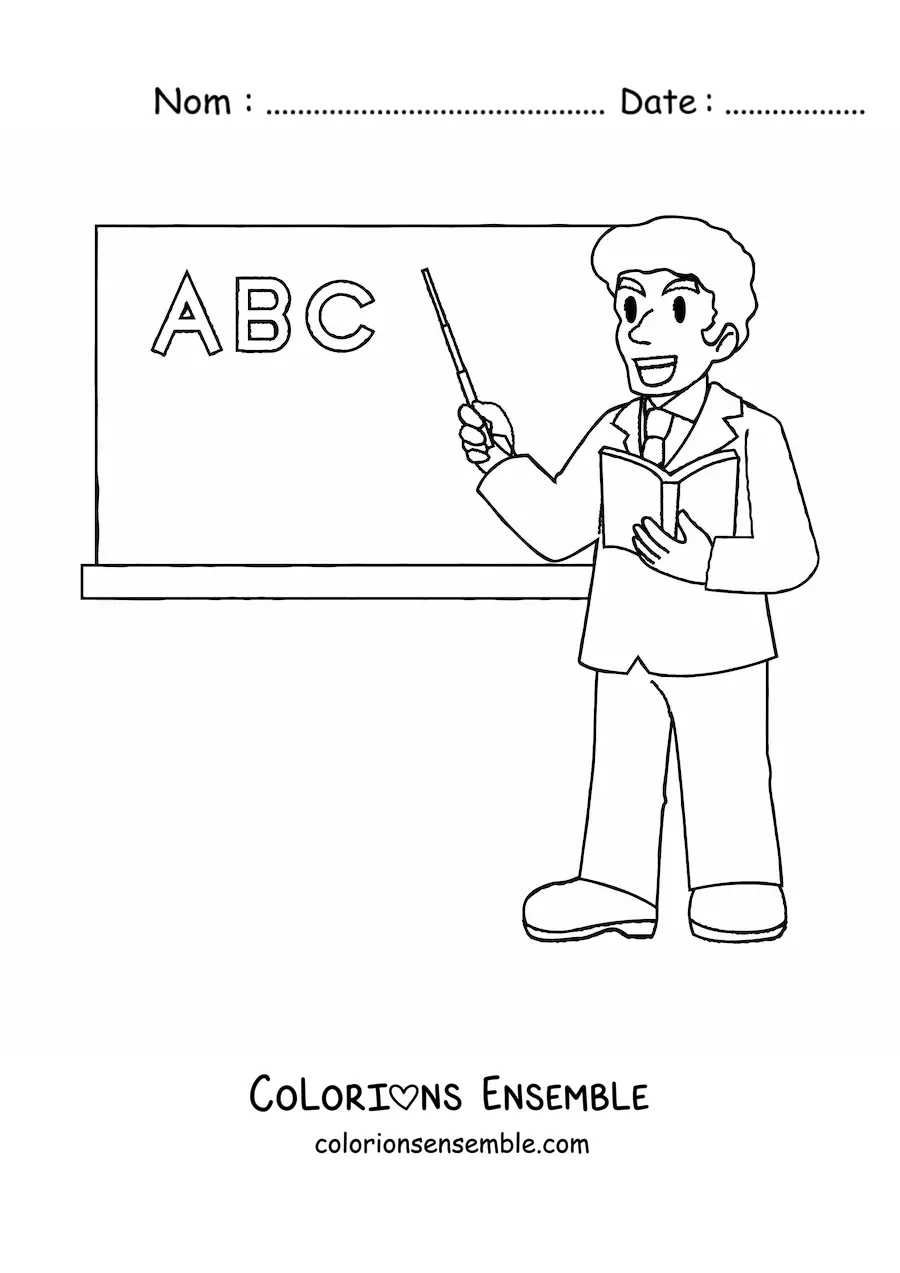 Image à colorier d’un enseignant donnant cours devant le tableau