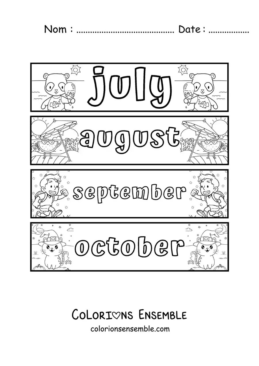 Image à colorier de fiches pour enfants avec les mois en anglais de juillet à octobre
