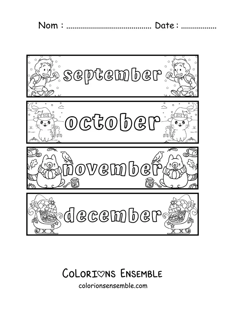 Image à colorier de fiches pour enfants avec les mois en anglais de septembre à décembre