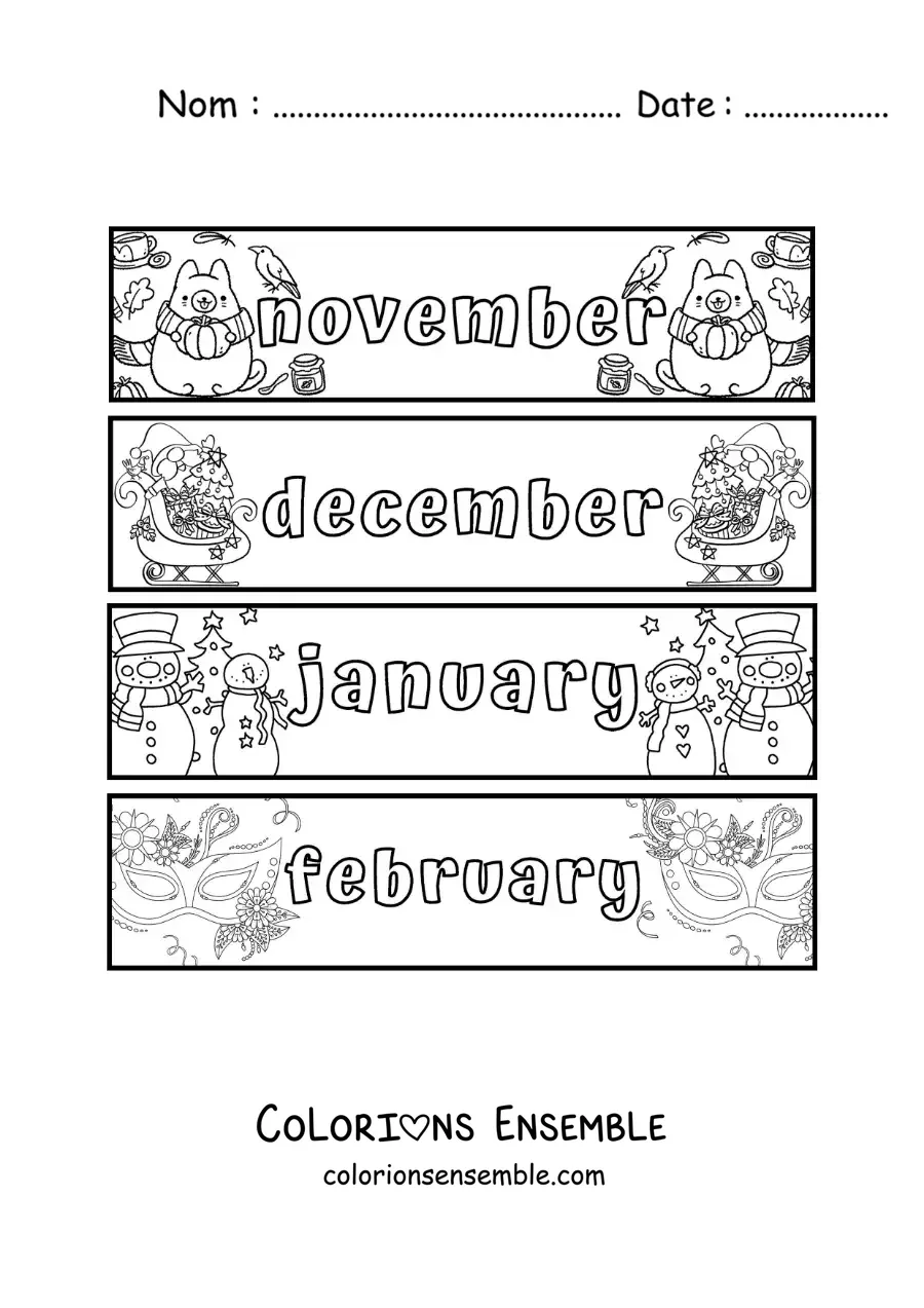 Image à colorier de fiches pour enfants avec les mois en anglais de novembre à février
