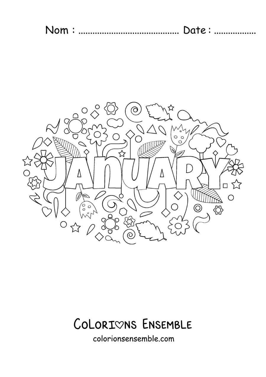 Image à colorier de janvier en anglais avec des fleurs