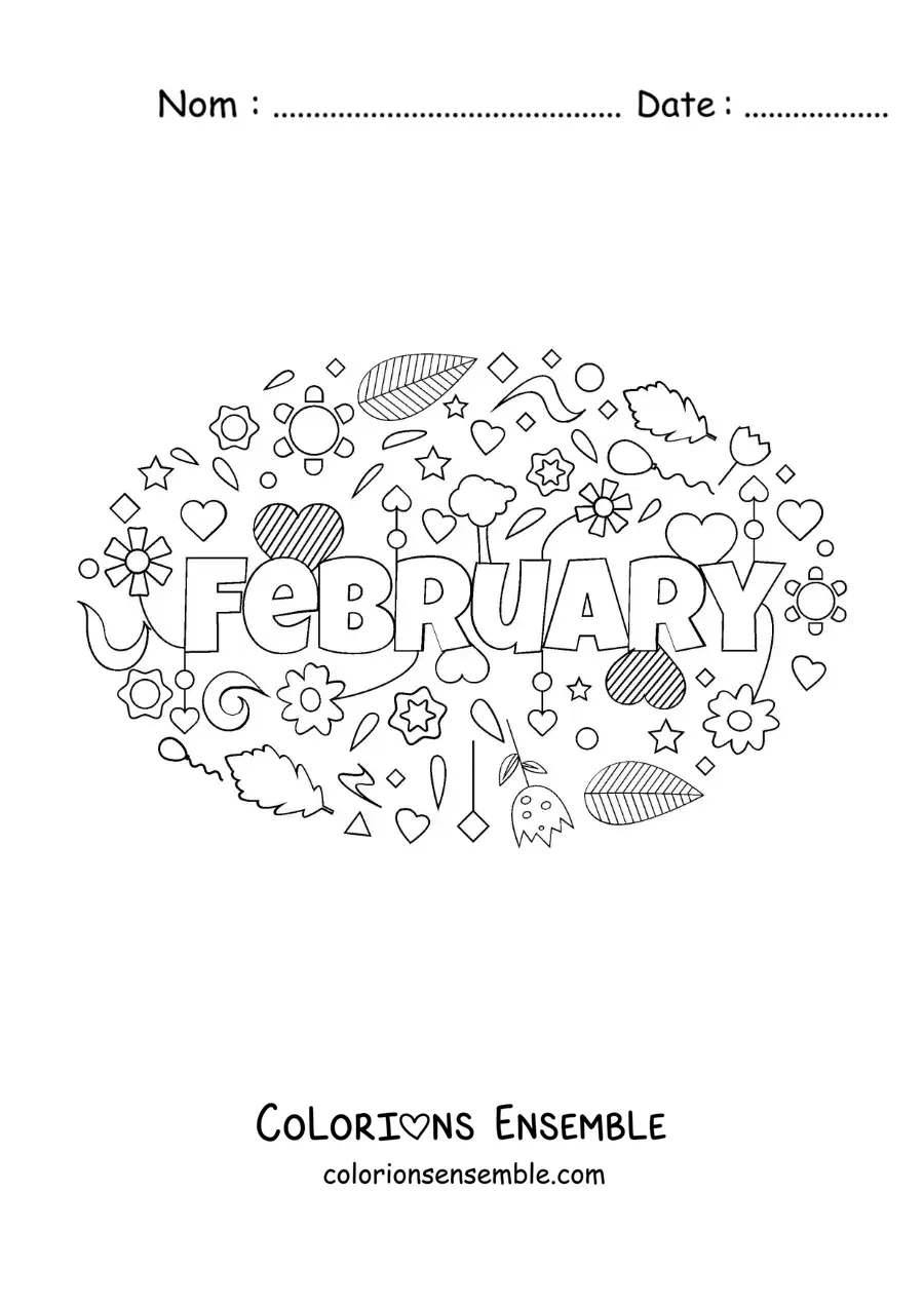 Image à colorier de février en anglais avec des fleurs