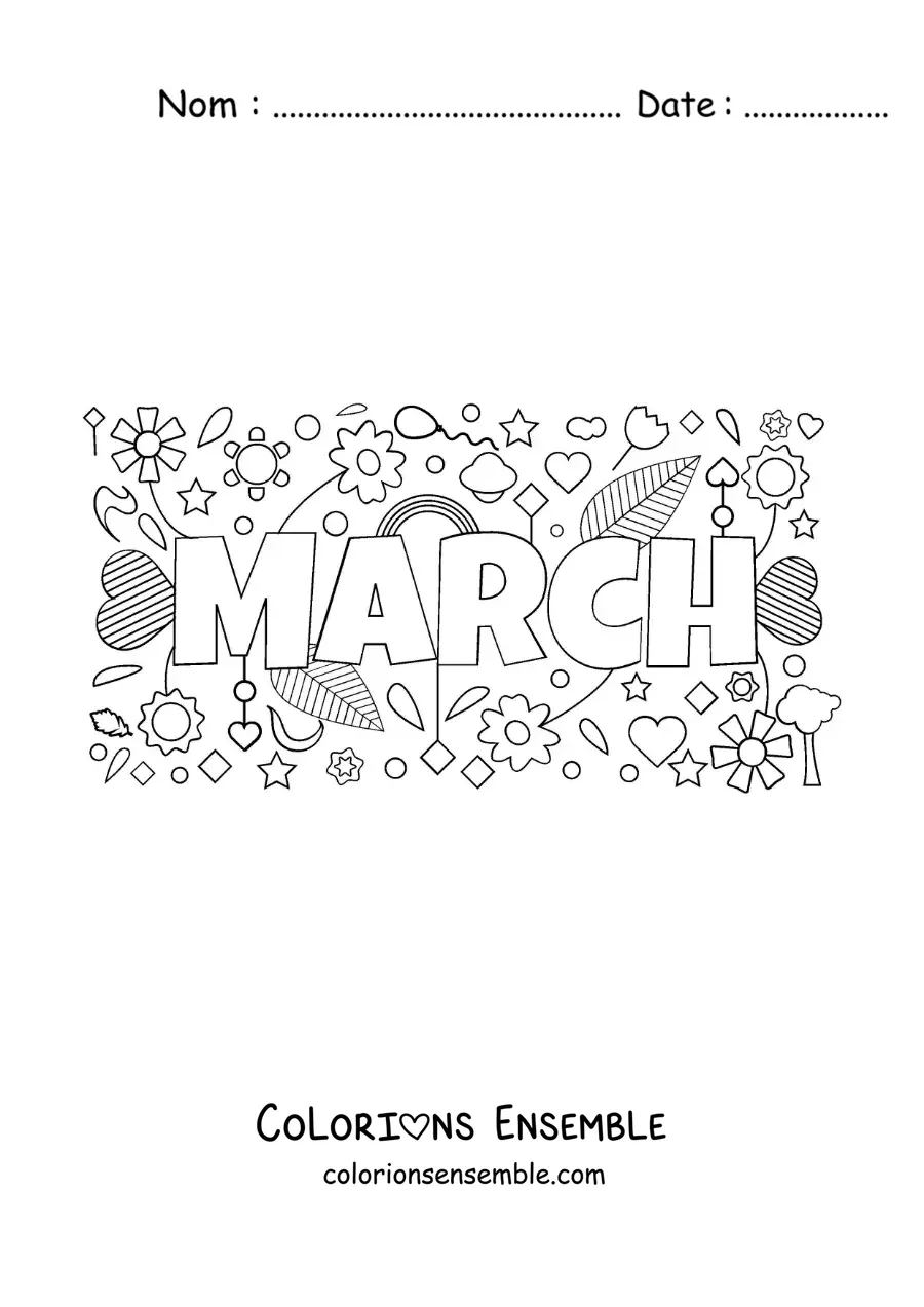 Image à colorier de mars en anglais avec des fleurs