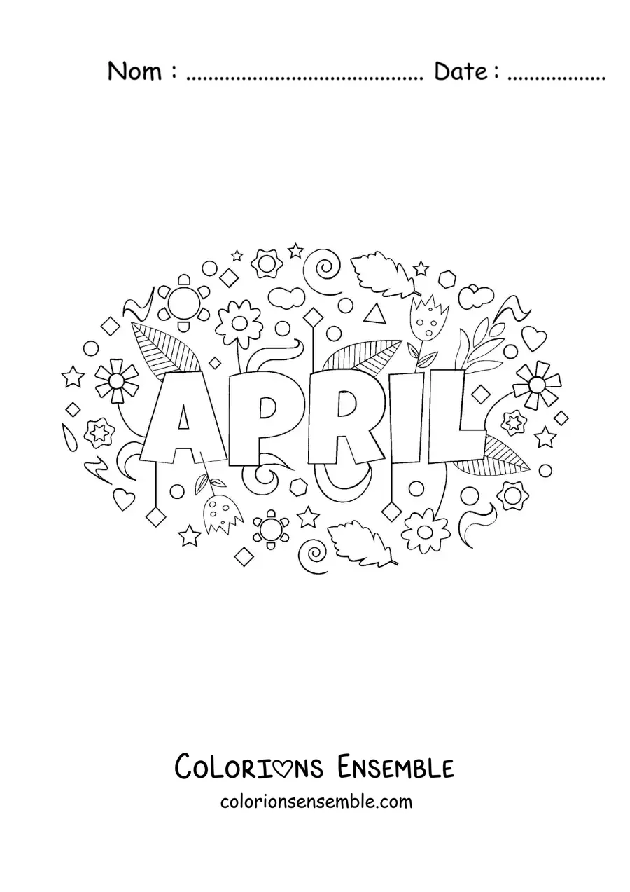 Image à colorier d’avril en anglais avec des fleurs