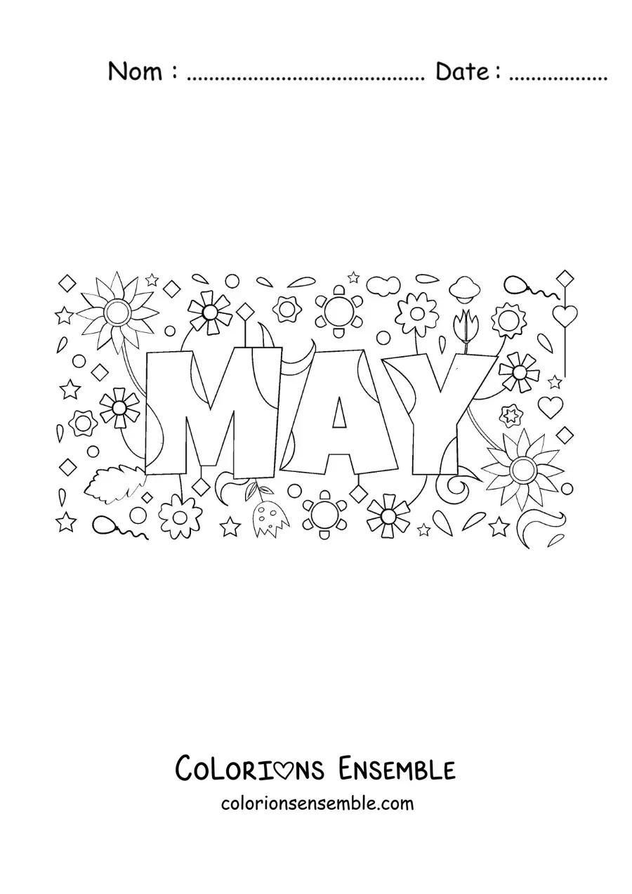 Image à colorier de mai en anglais avec des fleurs