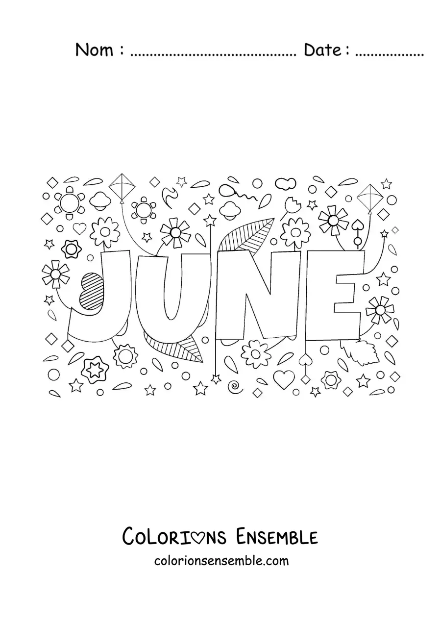 Image à colorier de juin en anglais avec des fleurs