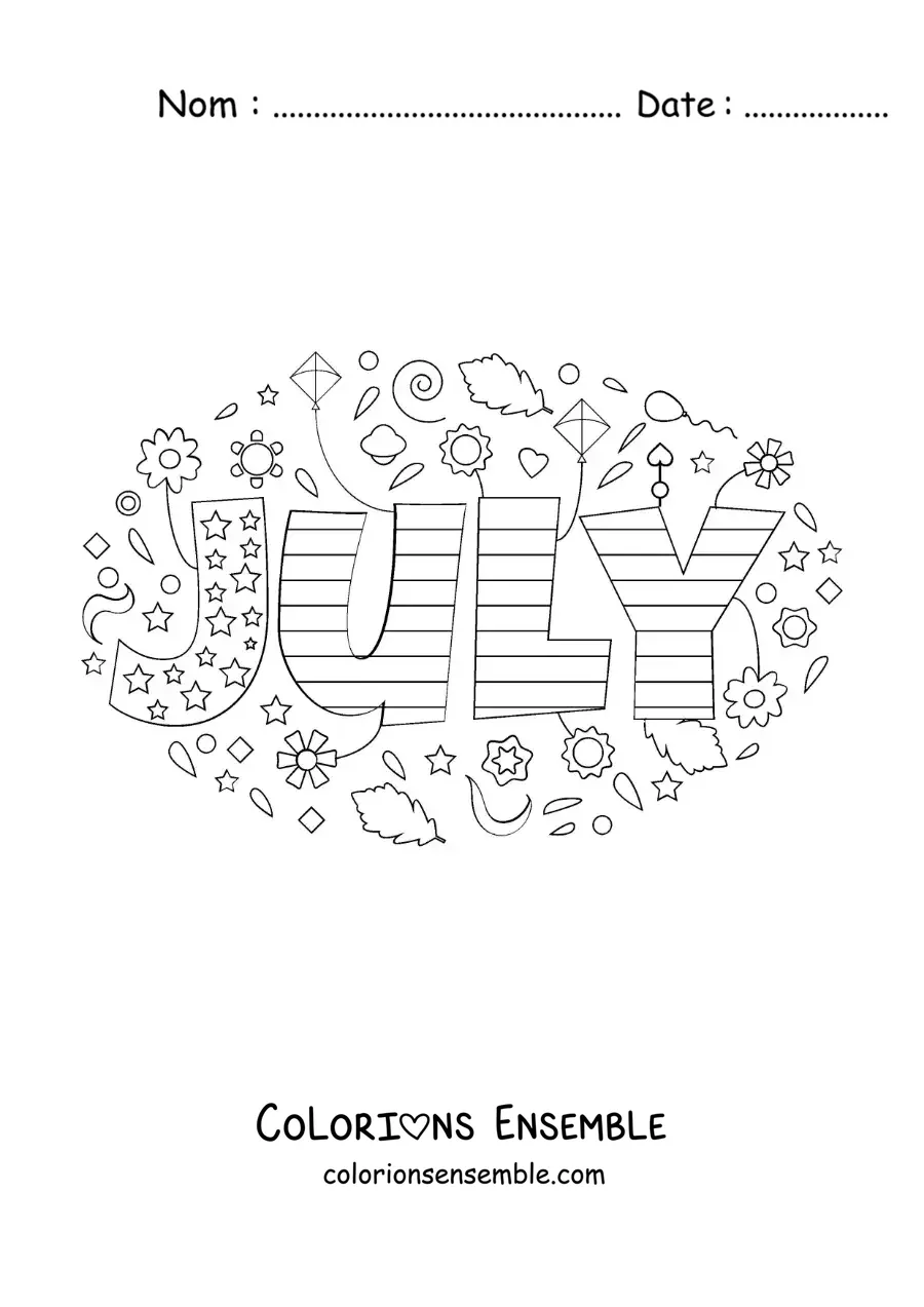 Image à colorier de juillet en anglais avec des fleurs