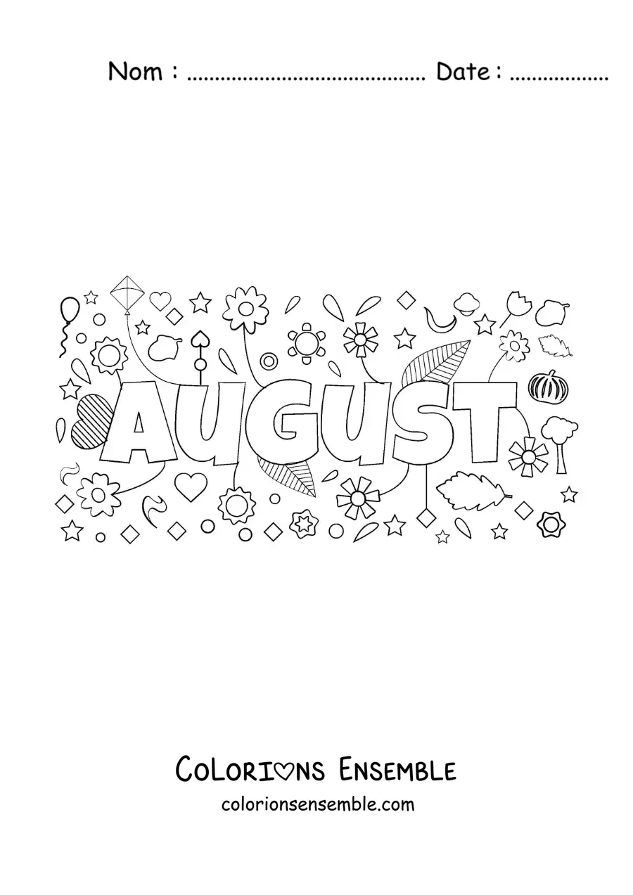 Image à colorier d’août en anglais avec des fleurs