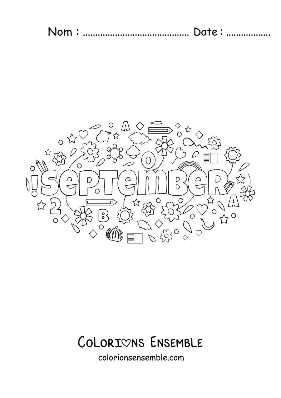 Image à colorier de septembre en anglais avec des fleurs