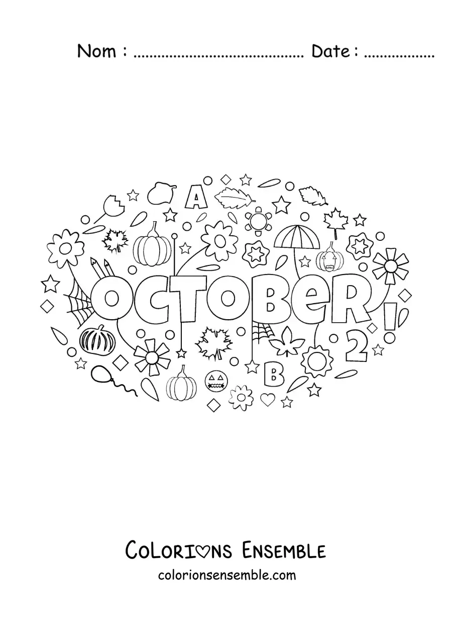 Image à colorier d’octobre en anglais avec des fleurs