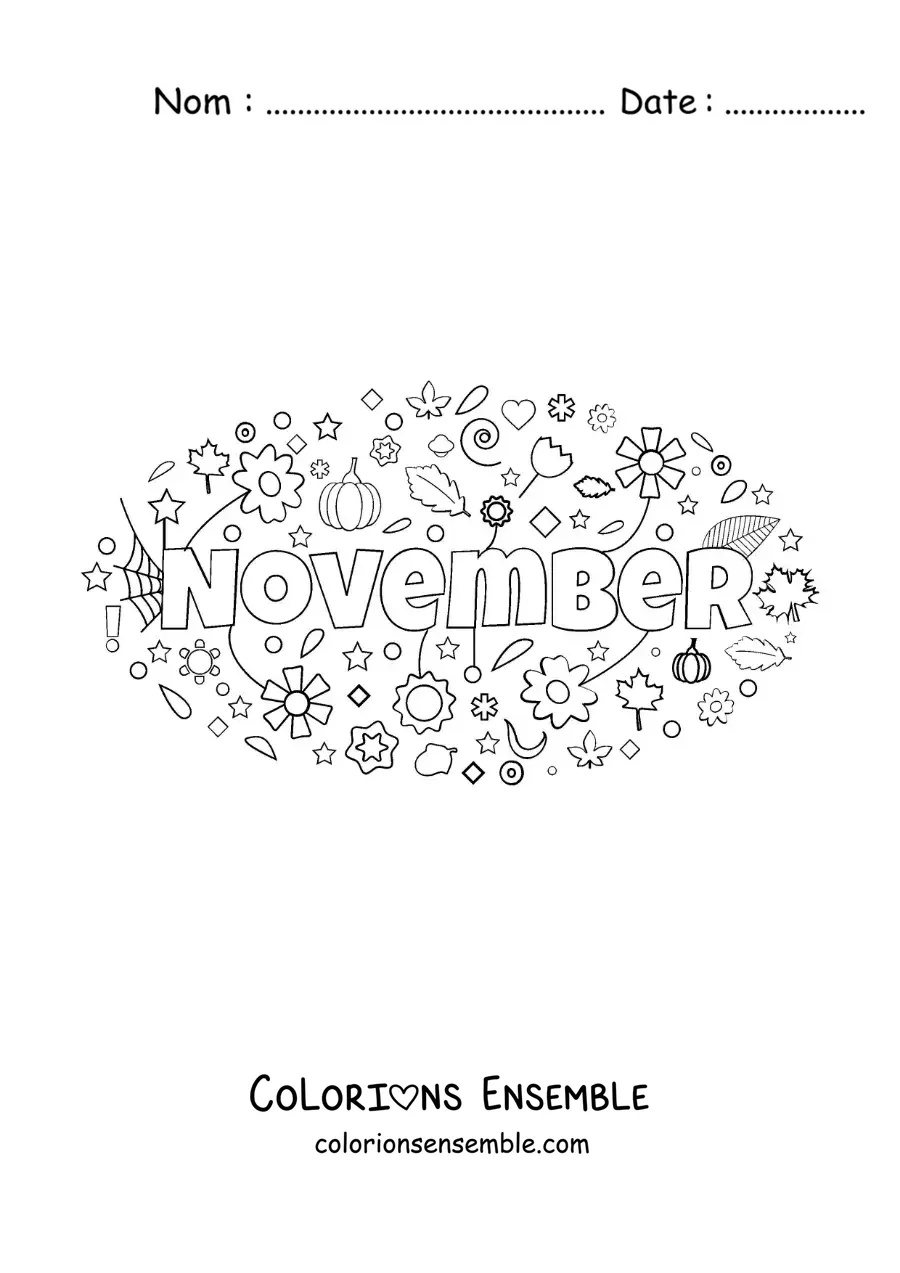 Image à colorier de novembre en anglais avec des fleurs