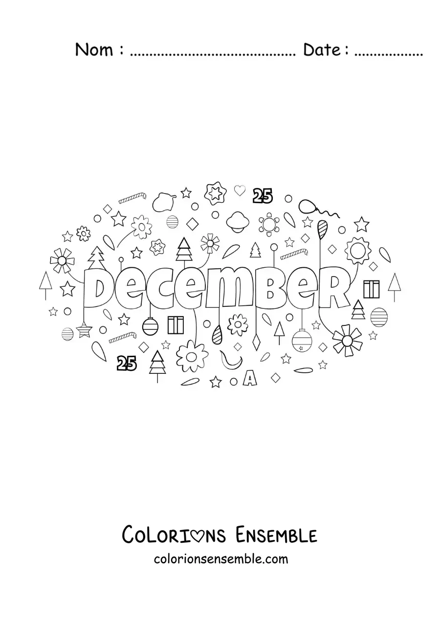 Image à colorier de décembre en anglais avec des fleurs