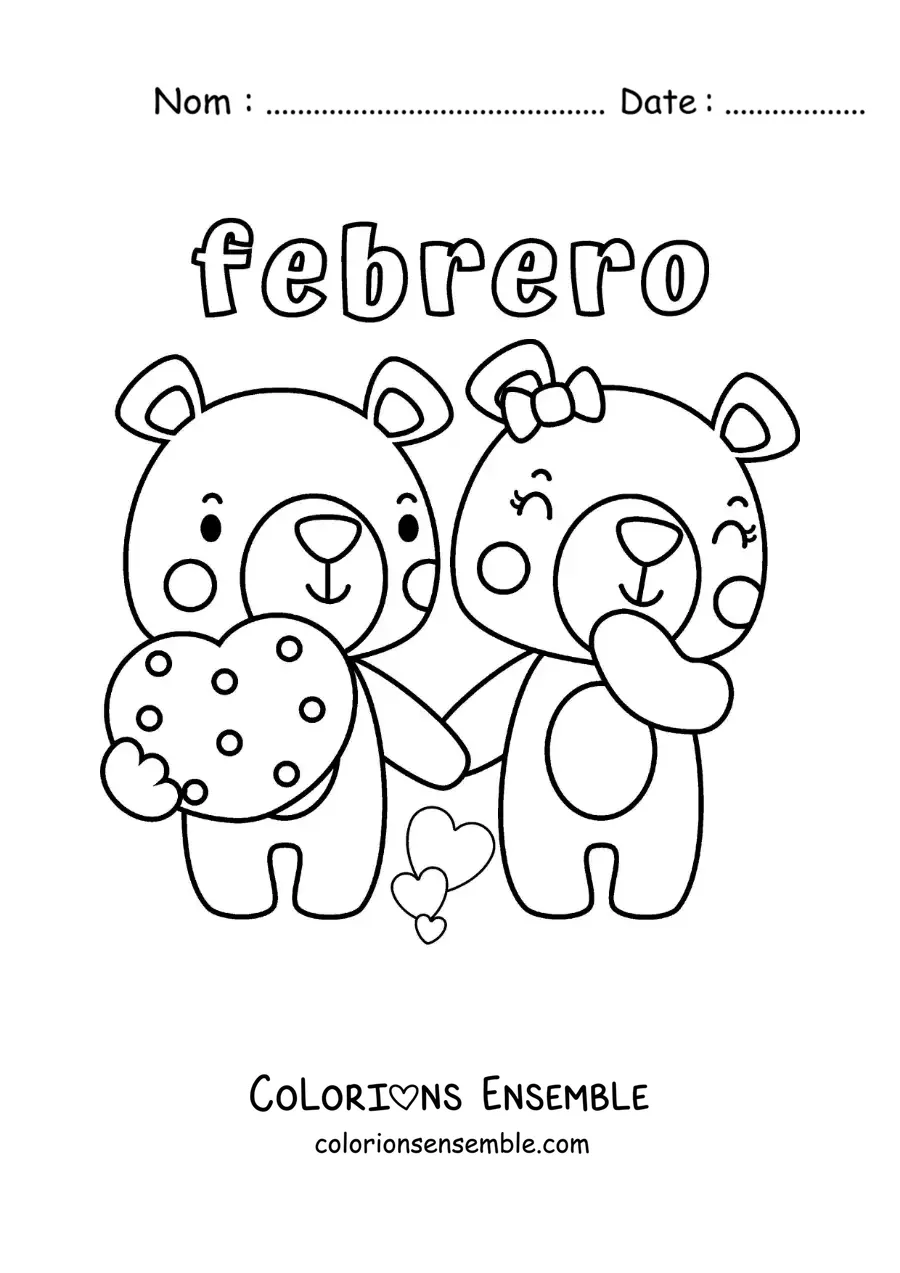 Image à colorier de février avec des ours de la Saint-Valentin