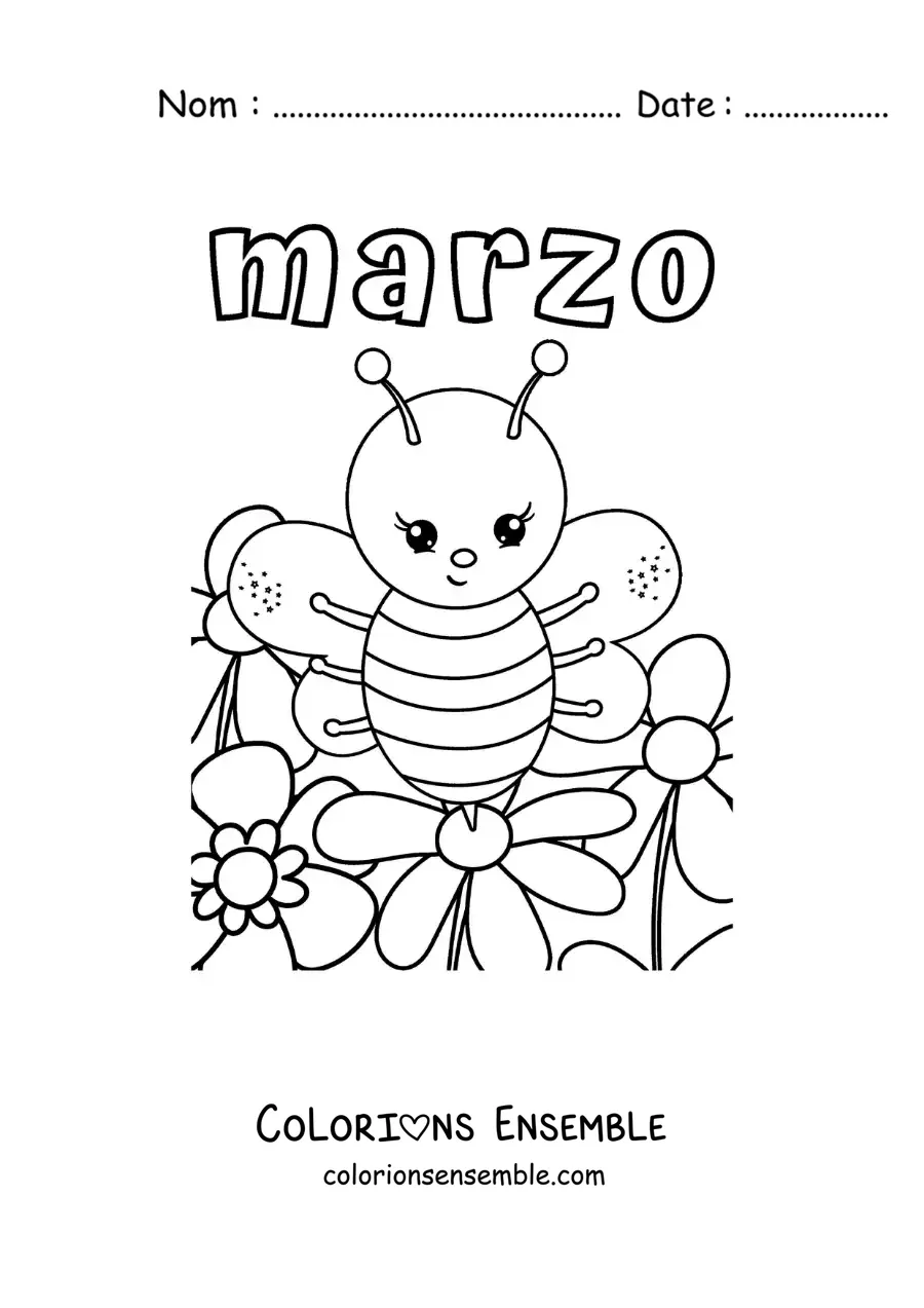Image à colorier de mars avec une abeille animée au printemps