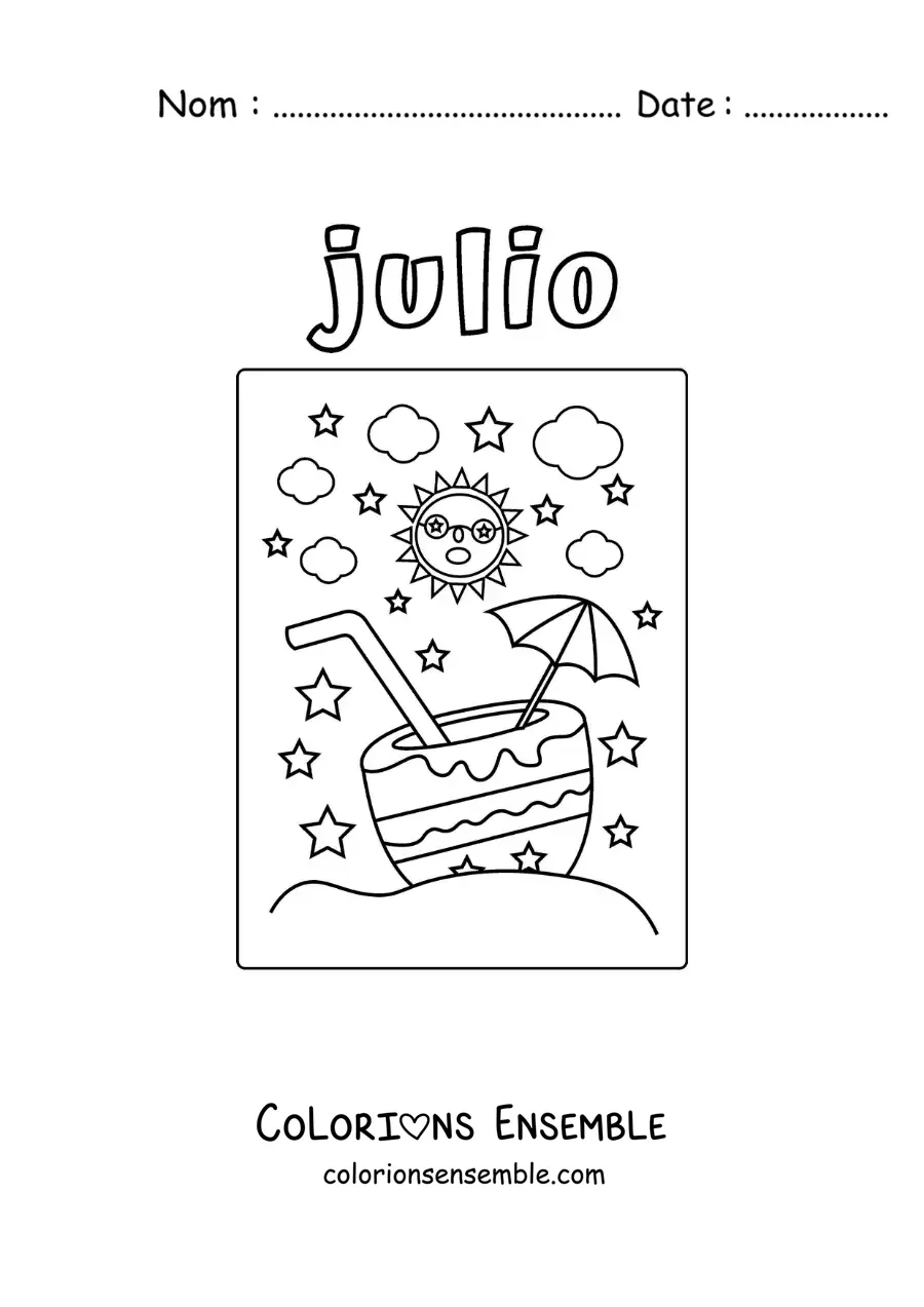 Image à colorier de juillet avec un soleil animé en été