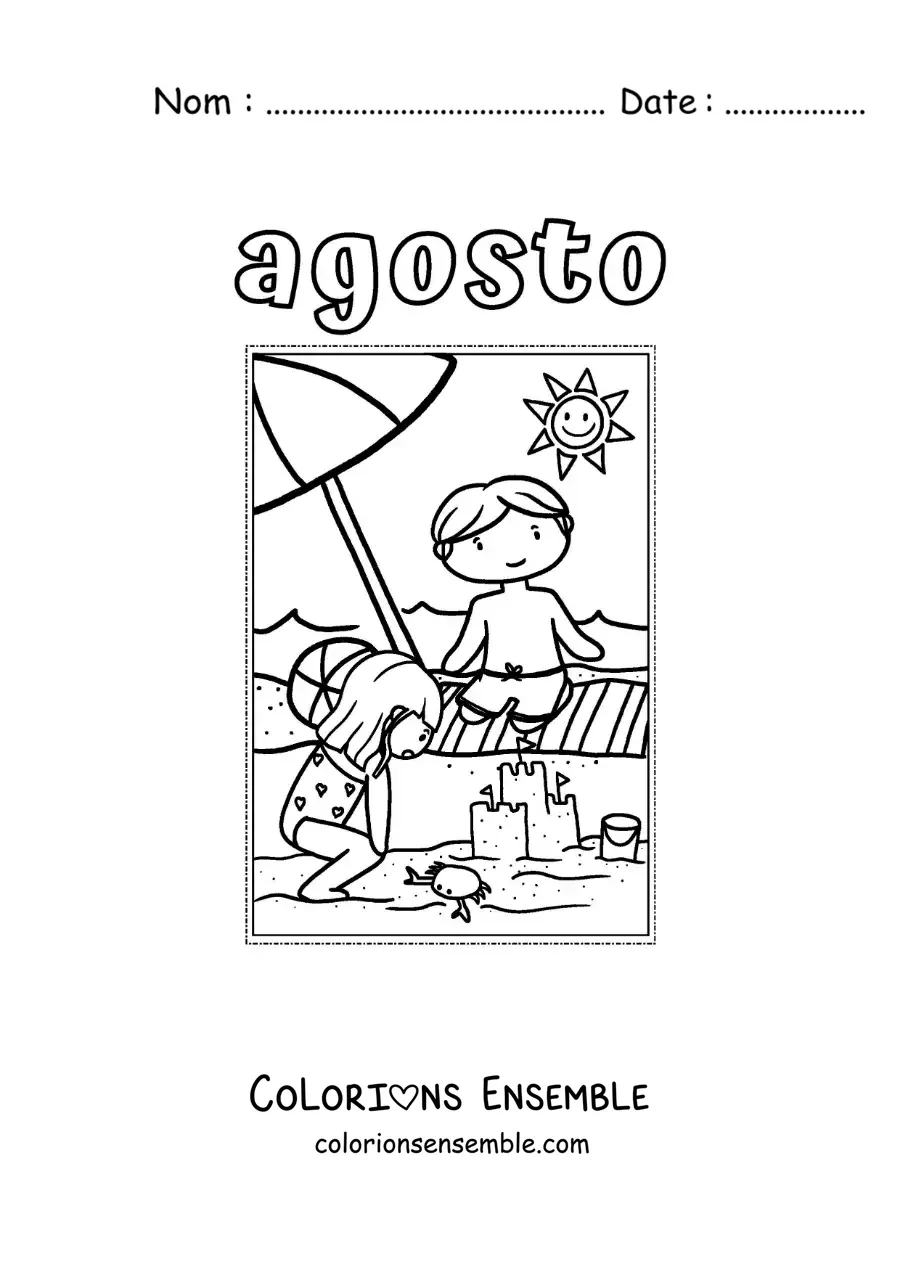 Image à colorier d’août avec des enfants en vacances à la plage