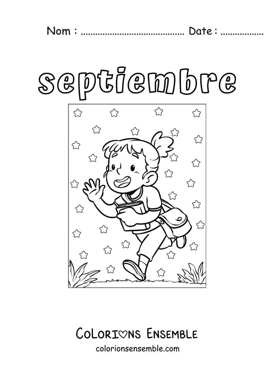 Image à colorier de septembre avec une fille en route pour l’école