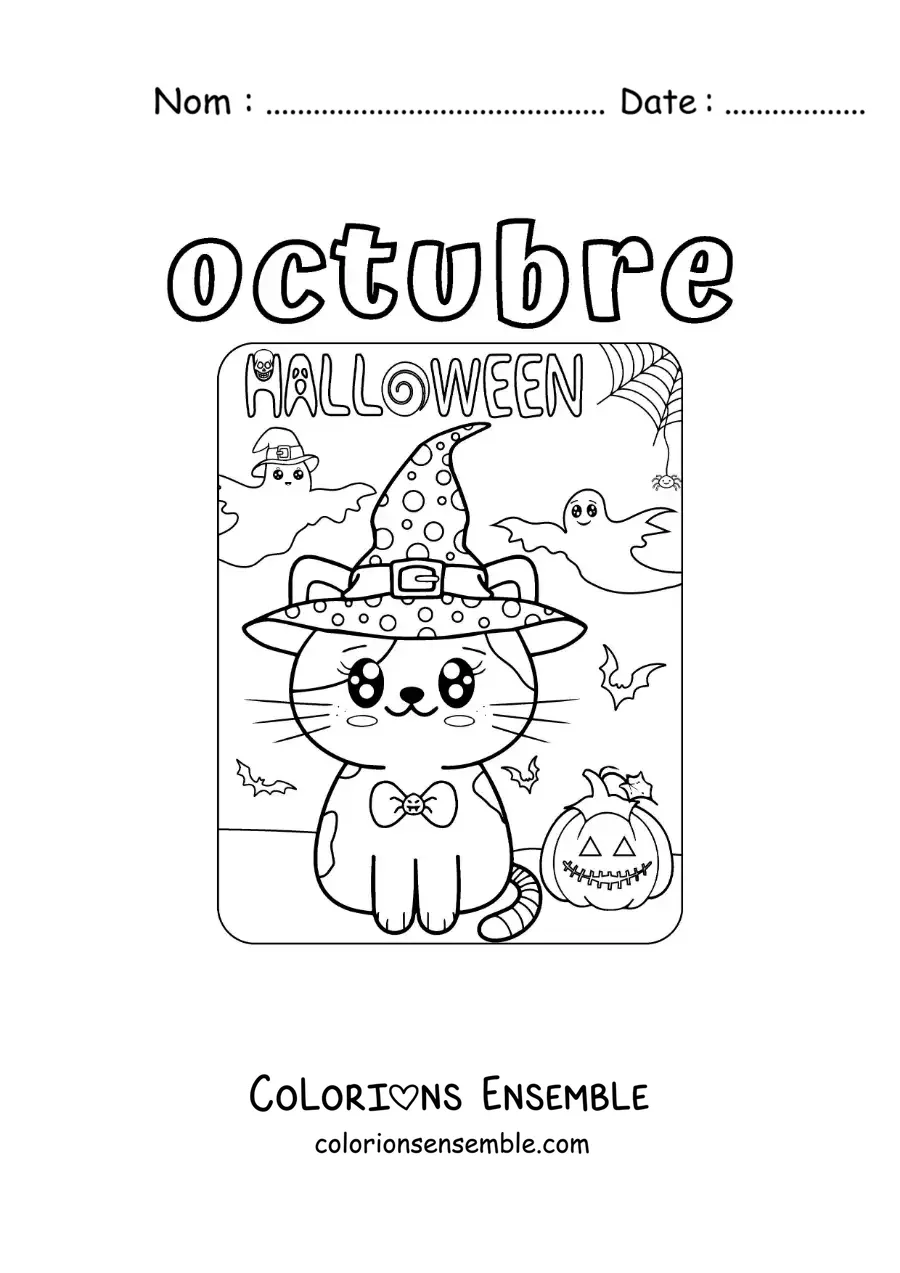 Image à colorier d’octobre avec un chat mignon pour Halloween