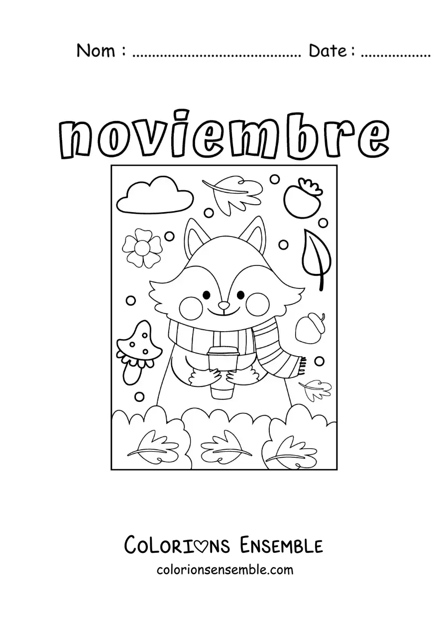Image à colorier de novembre avec un renard animé en automne