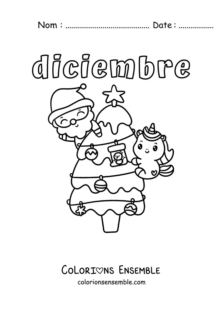 Image à colorier de décembre avec le Père Noël et une licorne sur le petit sapin