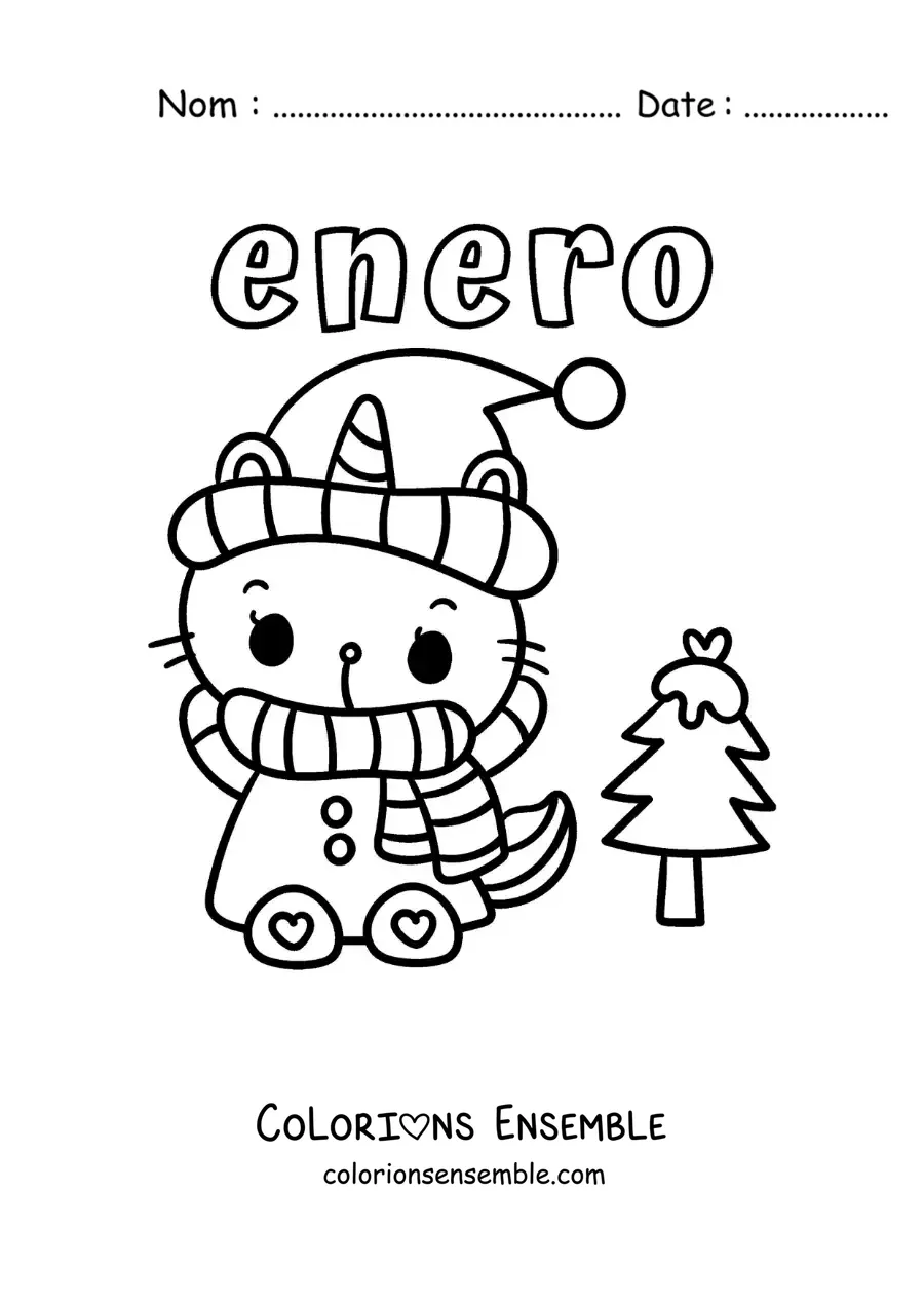 Image à colorier de janvier avec un chaton emmitouflé et un pin enneigé