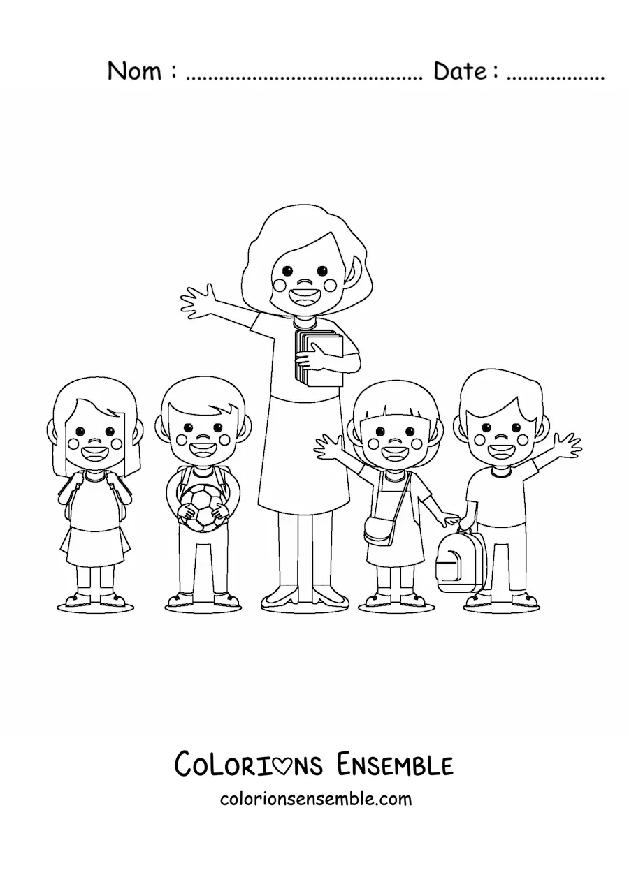 Image à colorier d’une maîtresse avec plusieurs élèves de primaire