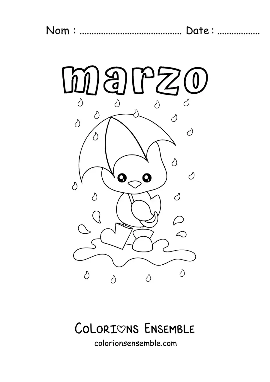 Image à colorier de mars avec un canard animé sous la pluie