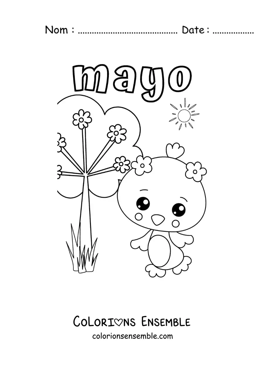 Image à colorier de mai avec un oiseau animé au printemps