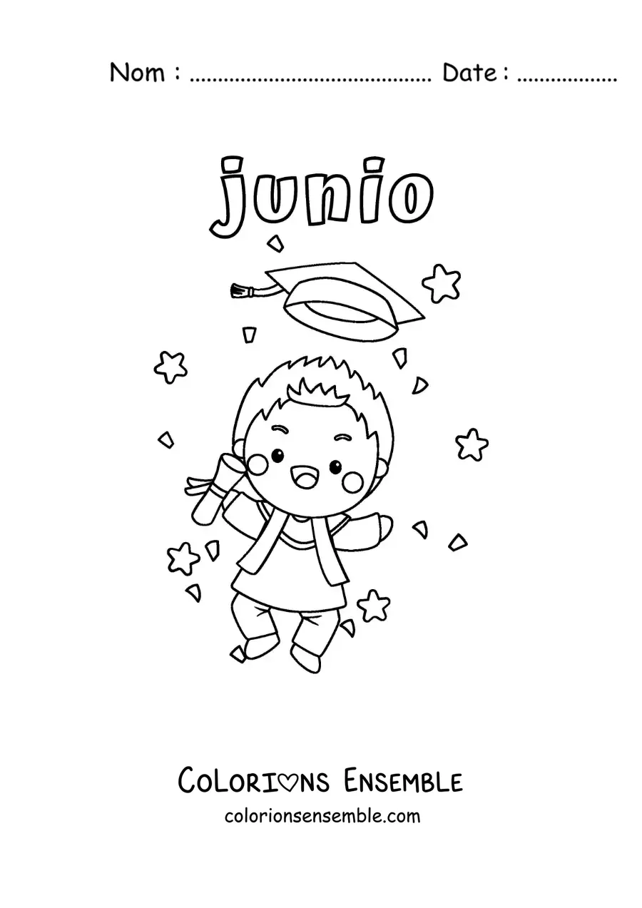 Coloriage de juin avec un enfant en toge qui tient un diplôme