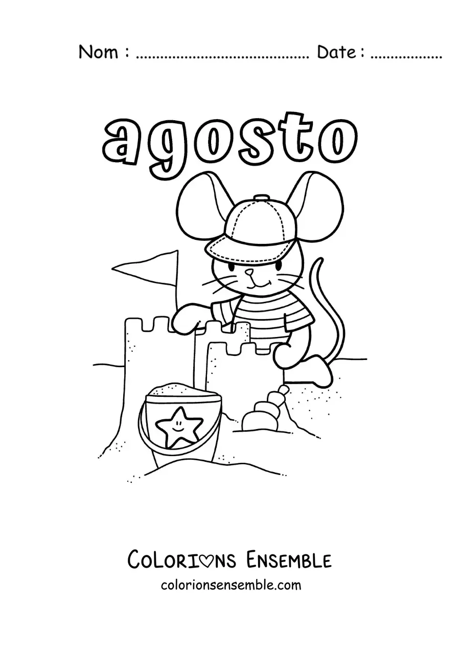 Coloriage d’août avec une souris rigolote qui construit un château de sable