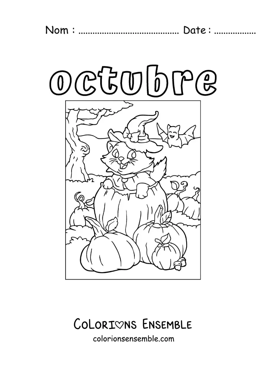 Coloriage d’octobre avec un chat rigolo pour Halloween