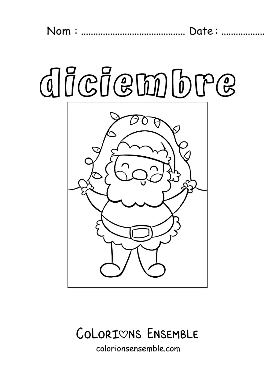 Coloriage de décembre avec le Père Noël et des lumières décoratives