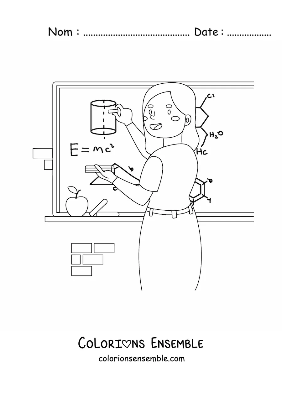 Image à colorier d’une professeure de sciences expliquant une formule