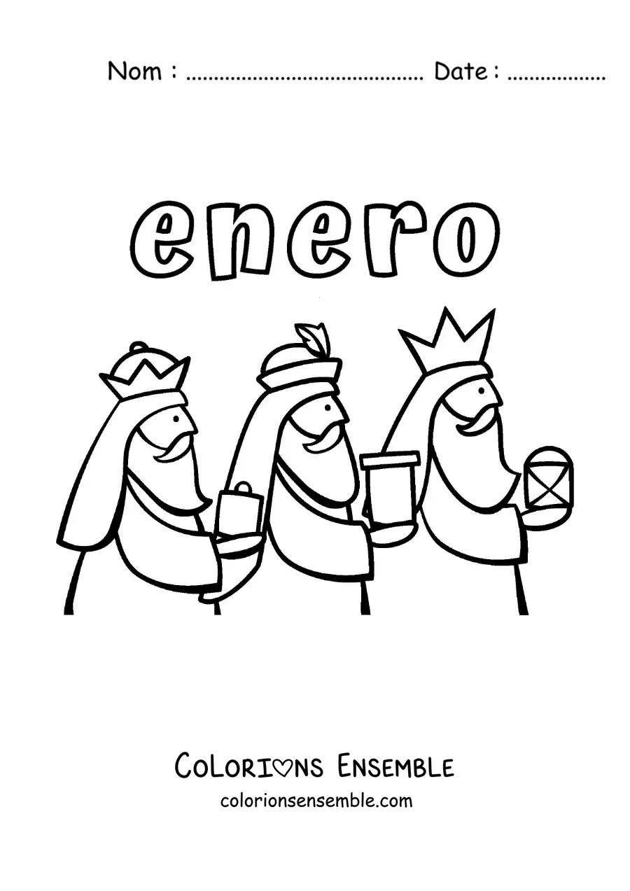 Coloriage de janvier avec les Rois mages rigolos