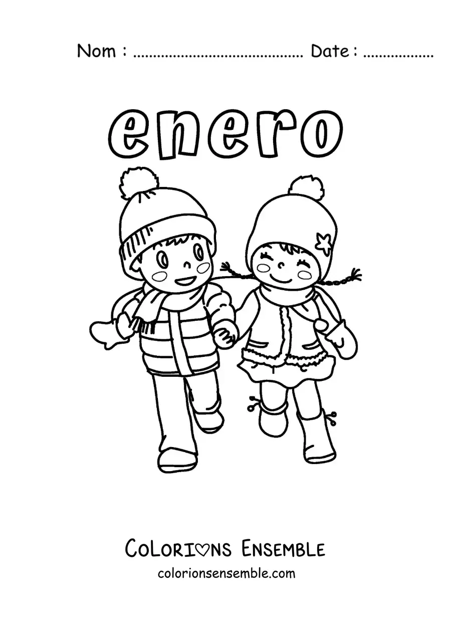 Coloriage de janvier avec deux enfants en vêtements d’hiver
