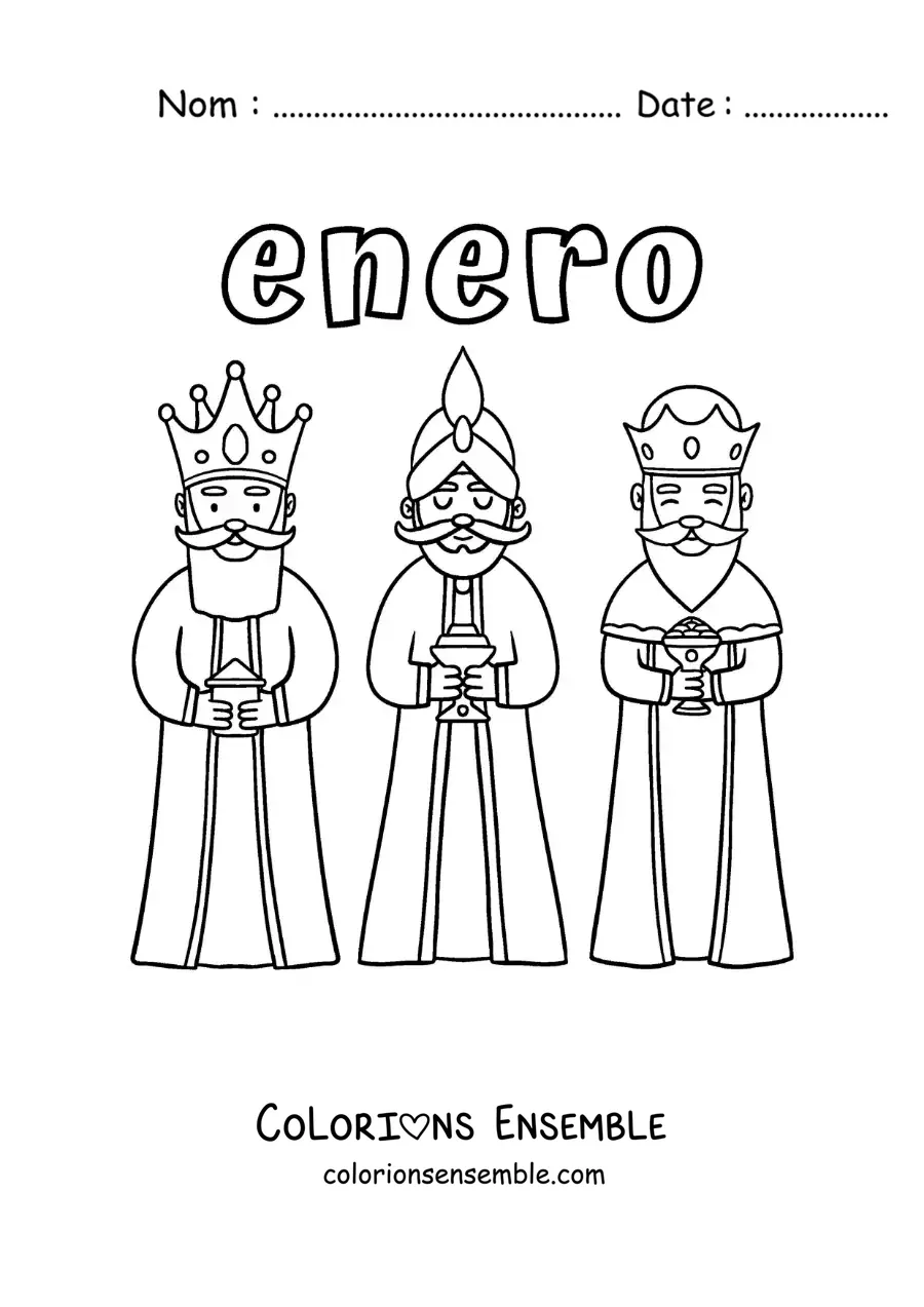 Coloriage de janvier avec les trois Rois mages