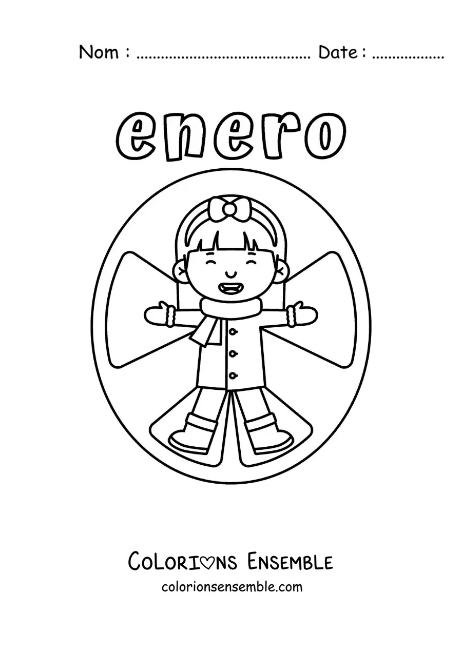 Coloriage de janvier avec une fille qui dessine un ange dans la neige
