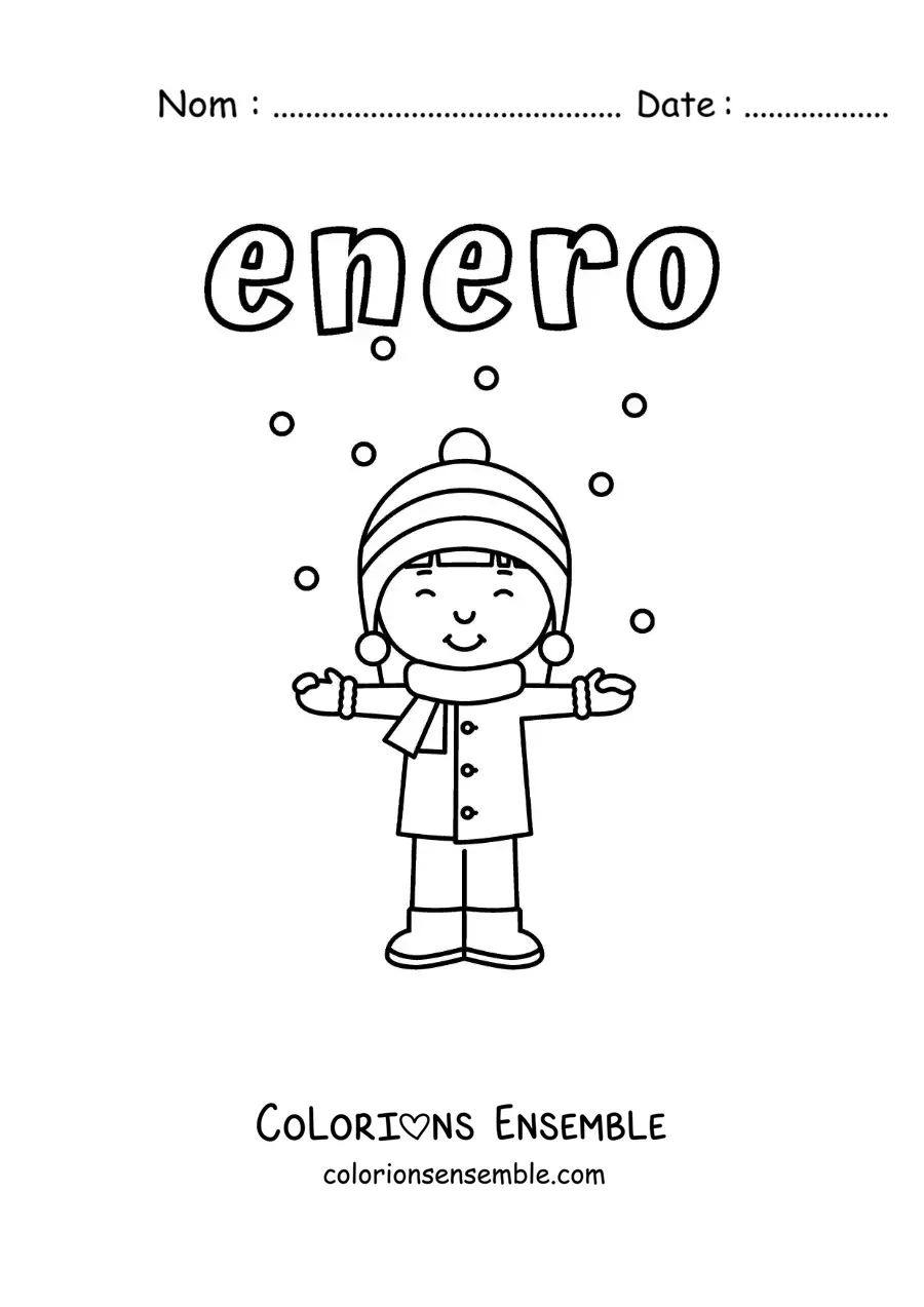 Coloriage de janvier avec un garçon dans la neige