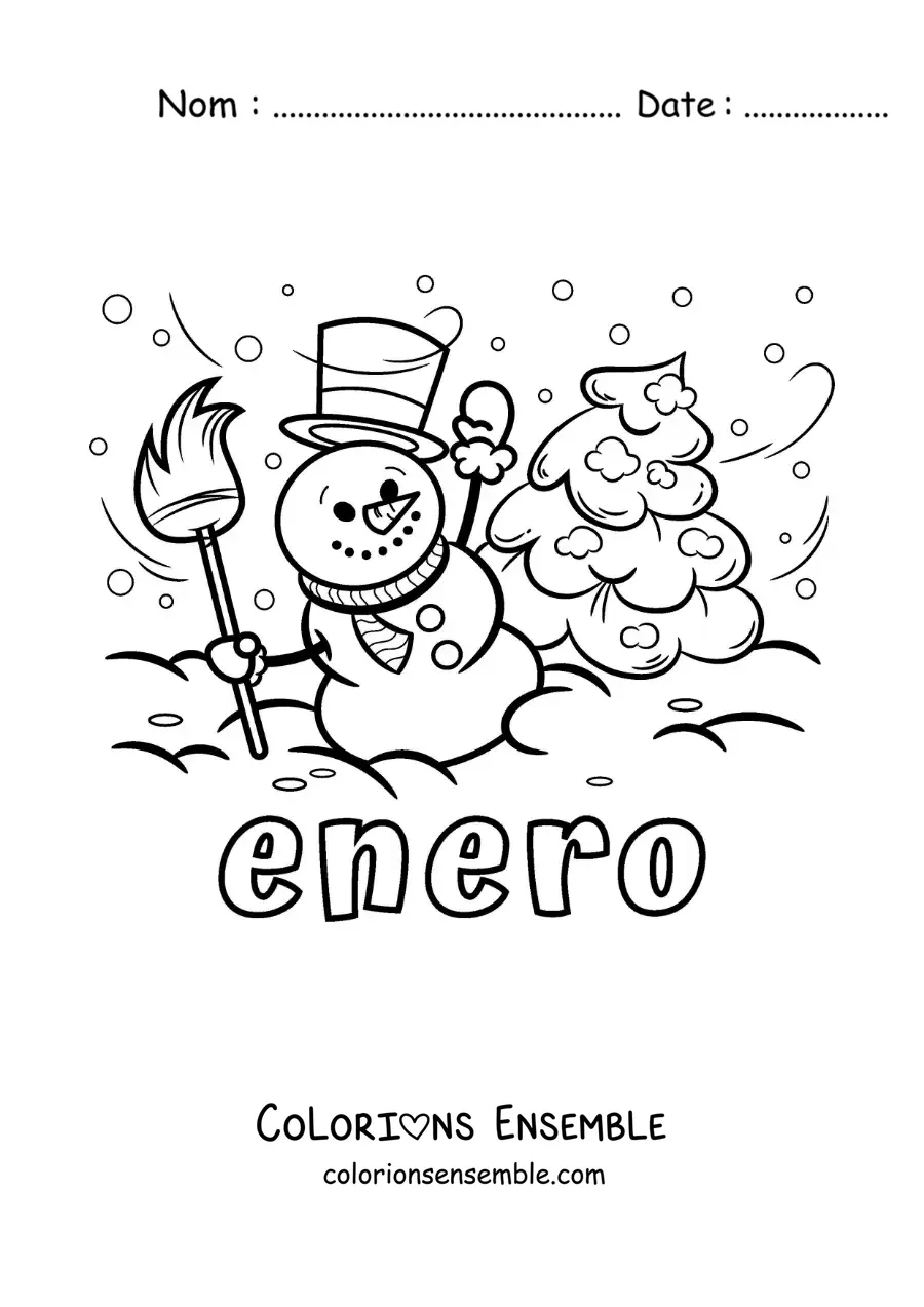 Coloriage de janvier avec un bonhomme de neige rigolo et un sapin