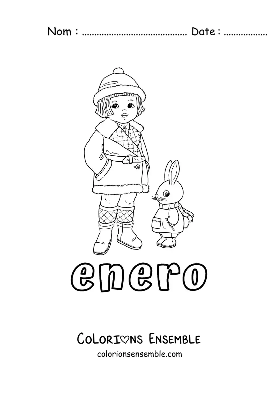 Coloriage de janvier avec une fille en vêtements d’hiver