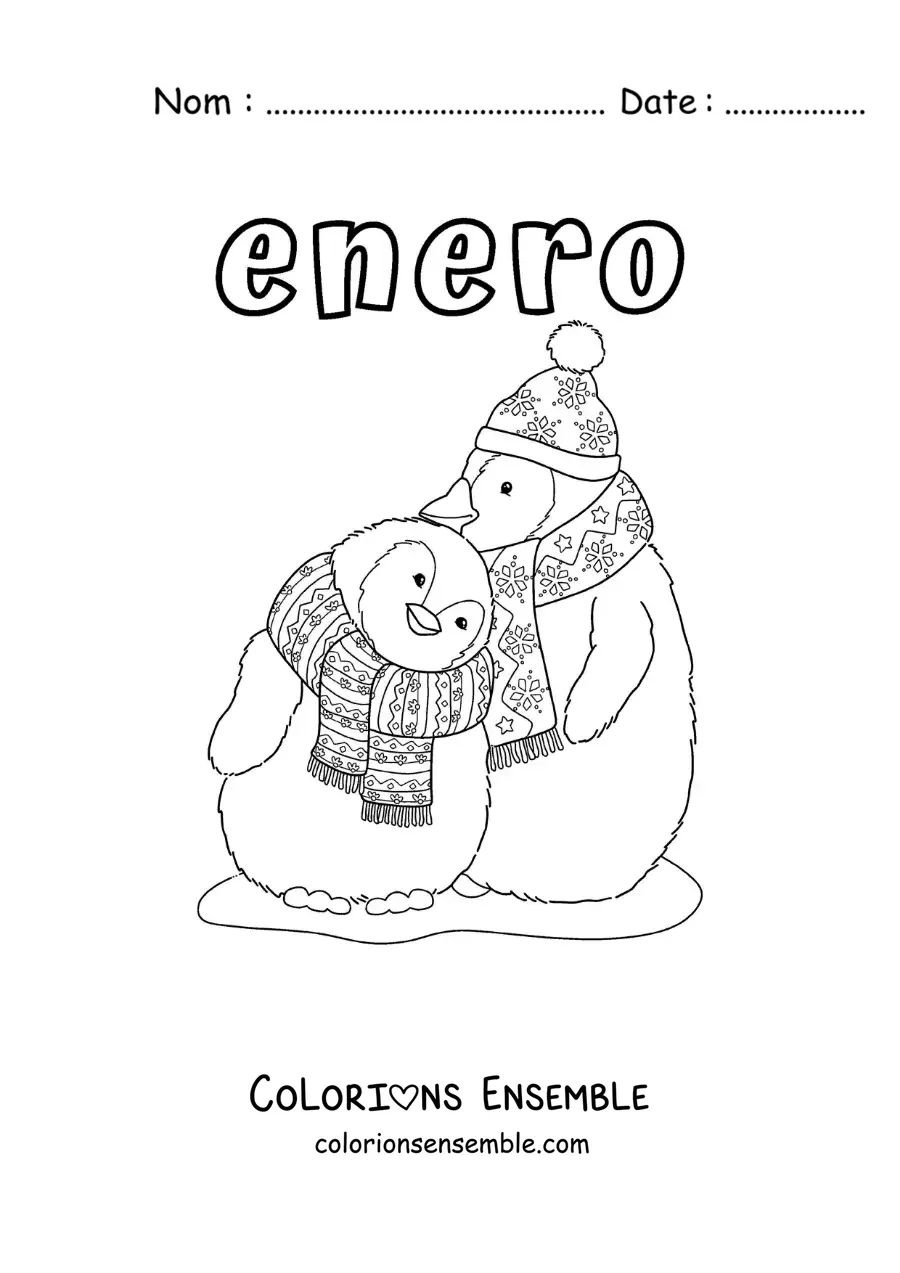 Coloriage de janvier avec des pingouins qui portent des écharpes