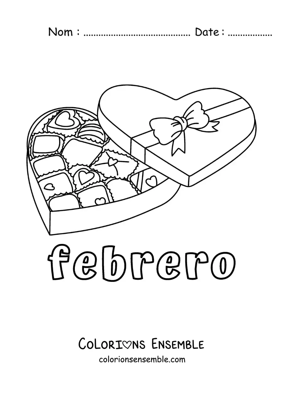 Coloriage de février avec une boîte de chocolats de la Saint-Valentin